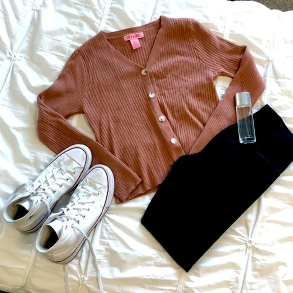 Coco & Shay Ribbed Cropped Cardigan Brown Button Front V Neck Sweater XL